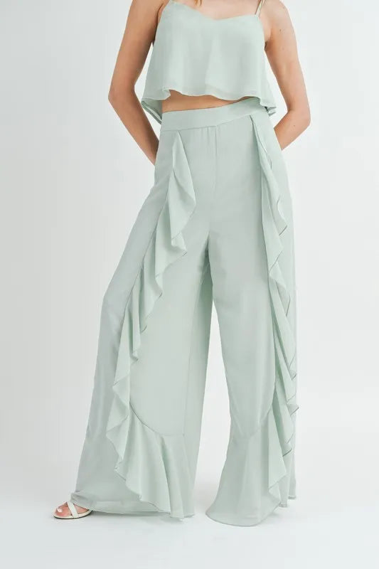 MABLE Crop Cami and Ruffled Wide Leg Pants Set - Sydney So Sweet