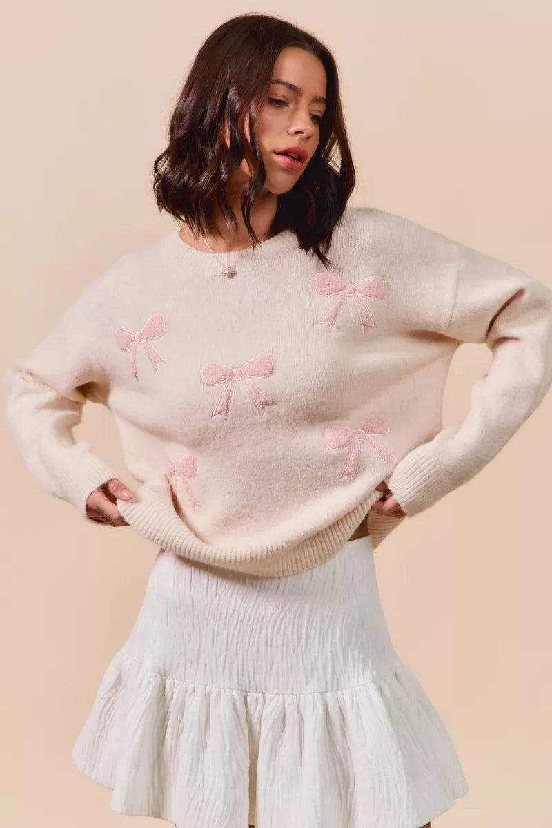 SO ME Embroidered Ribbon Round Neck Sweater - Sydney So Sweet