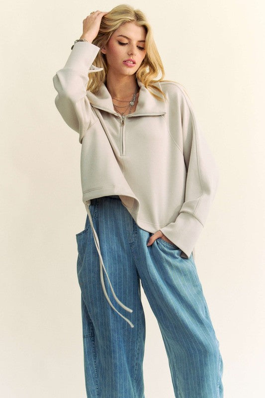 Davi & Dani Drawstring Hem Half Zip Raglan Sleeve Sweatshirt - Sydney So Sweet