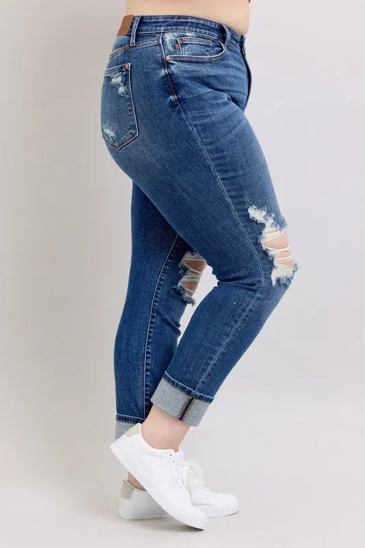 Judy Blue Full Size Mid Rise Boyfriend destroy Jeans with Yoke Pockets and Faux Selvedge Cuff Plus Size - Sydney So Sweet