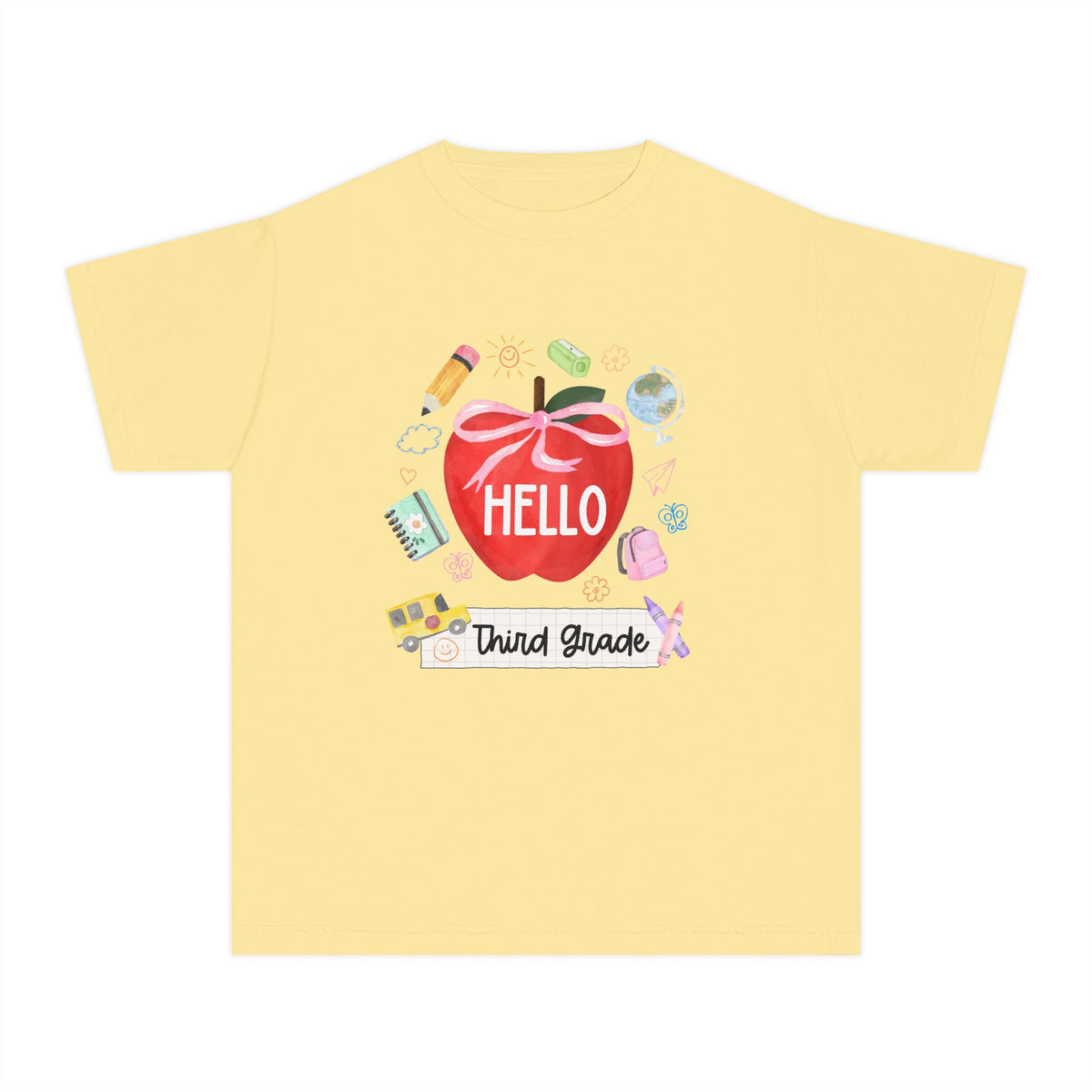 Hello Third Grade Preppy Coquette Apple Graphic Tee Back to School 3rd Grade T-Shirt