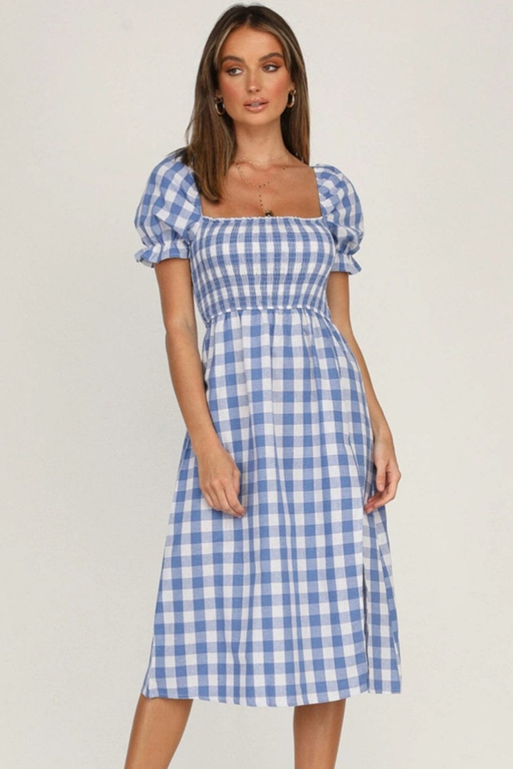 Full Size Slit Plaid Short Sleeve Midi Dress - Sydney So Sweet