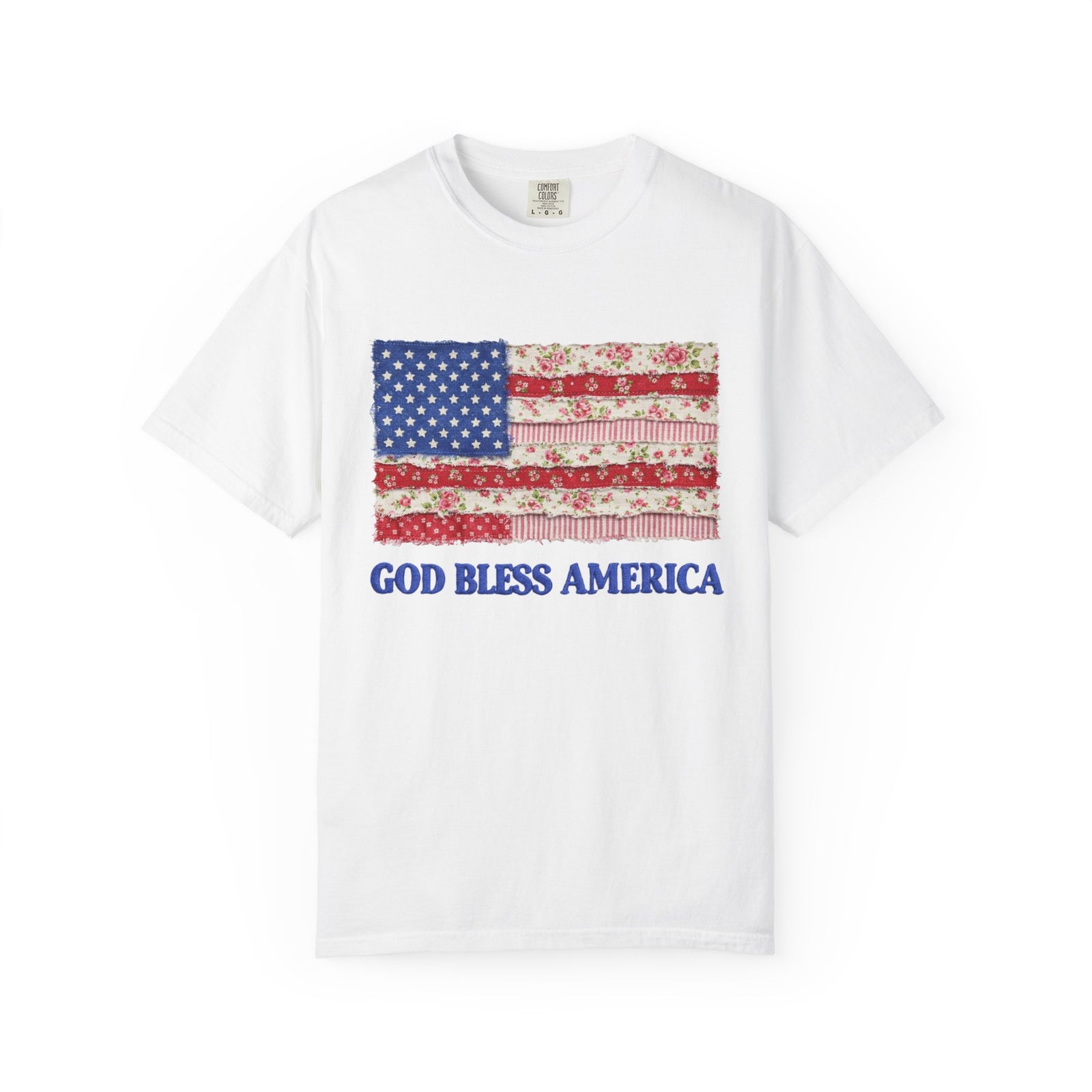 God Bless America Faux Fabric Flag T-Shirt Patriotic Graphic Tee