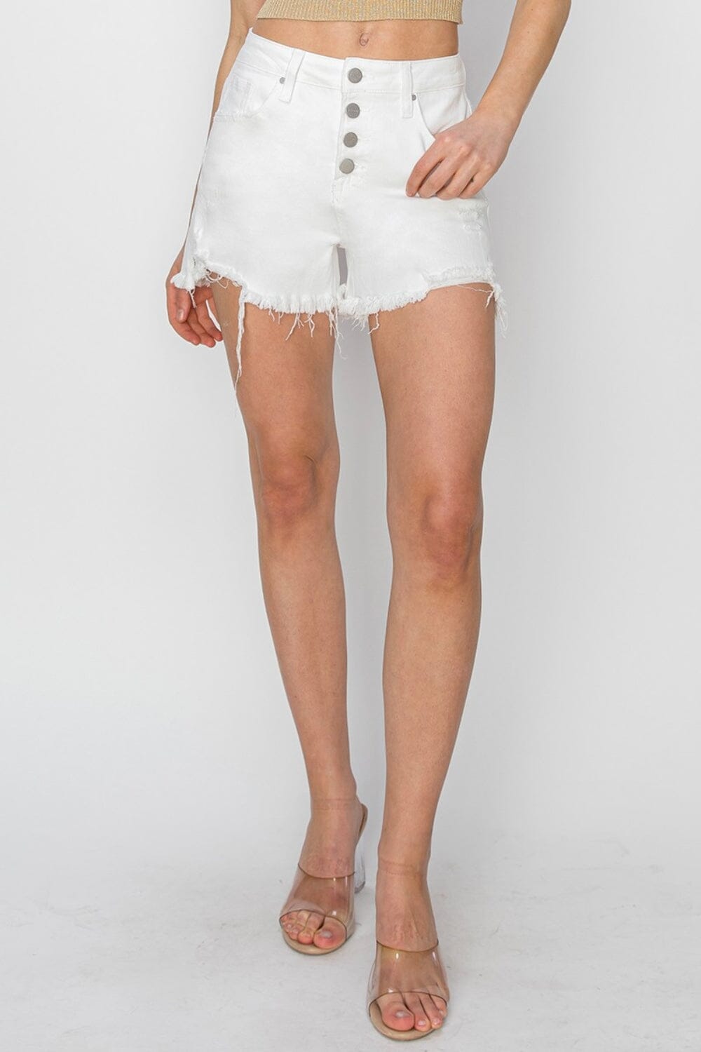 RISEN Button Fly Frayed Hem Denim Shorts - Sydney So Sweet