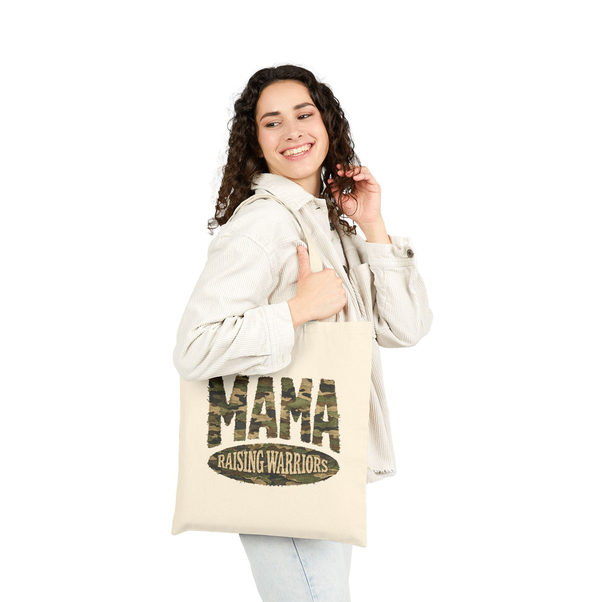 Mama Raising Warriors Camo Cotton Canvas Christian Mom Tote Bag