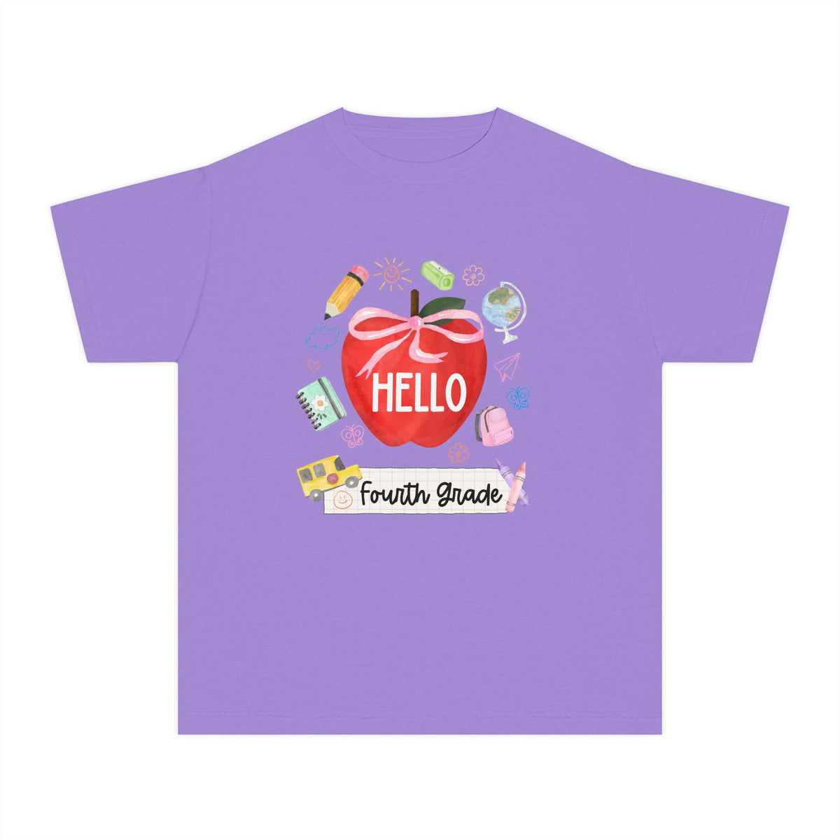 Hello Fourth Grade Preppy Coquette Apple Graphic Tee Back to School 4th Grade T-Shirt