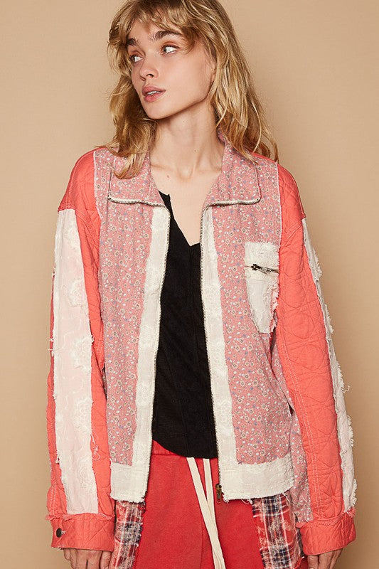 POL Floral Patchwork Zip Up Long Sleeve Jacket - Sydney So Sweet