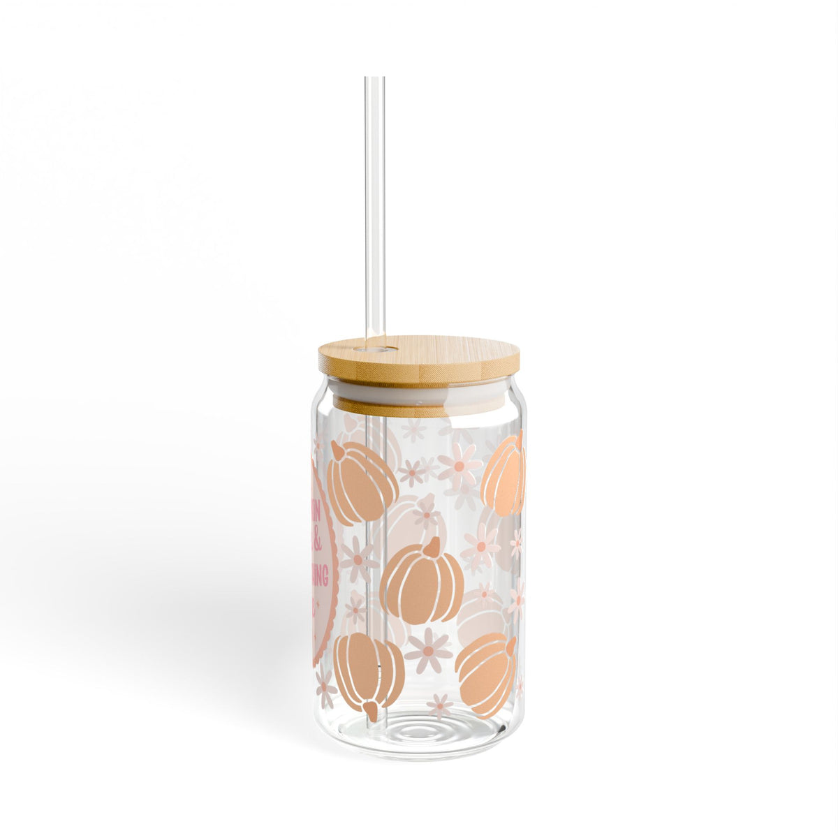 Pumpkin Spice & Everything Nice Fall Sipper Glass 16oz Reusable Drink Jar with Lid & Straw