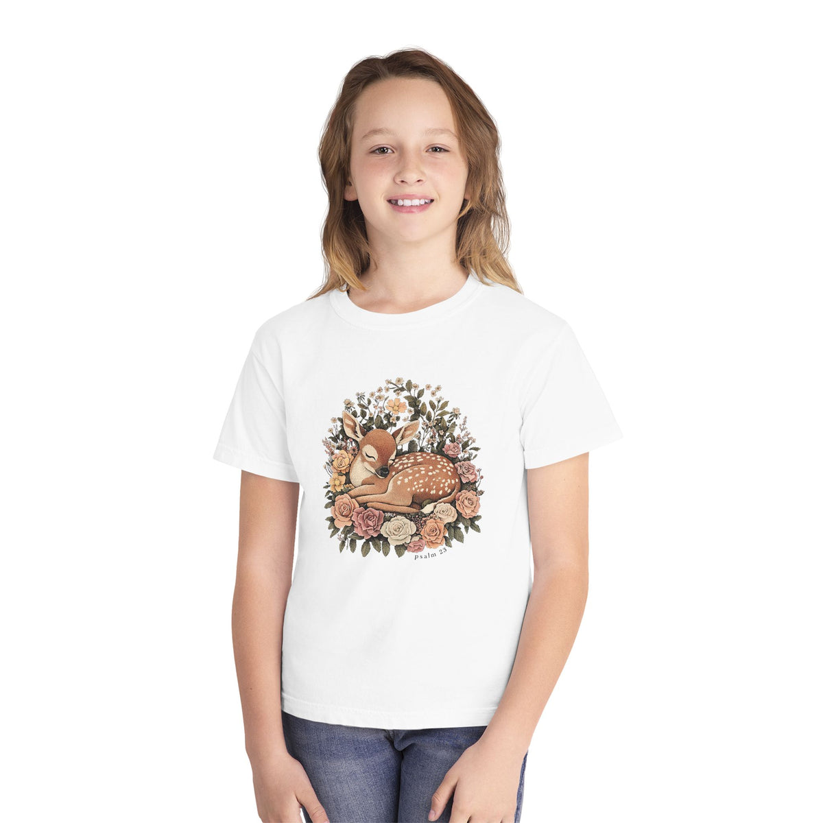 Sleeping Fawn Floral T-Shirt Psalm 23 Inspirational Kids Christian Tee