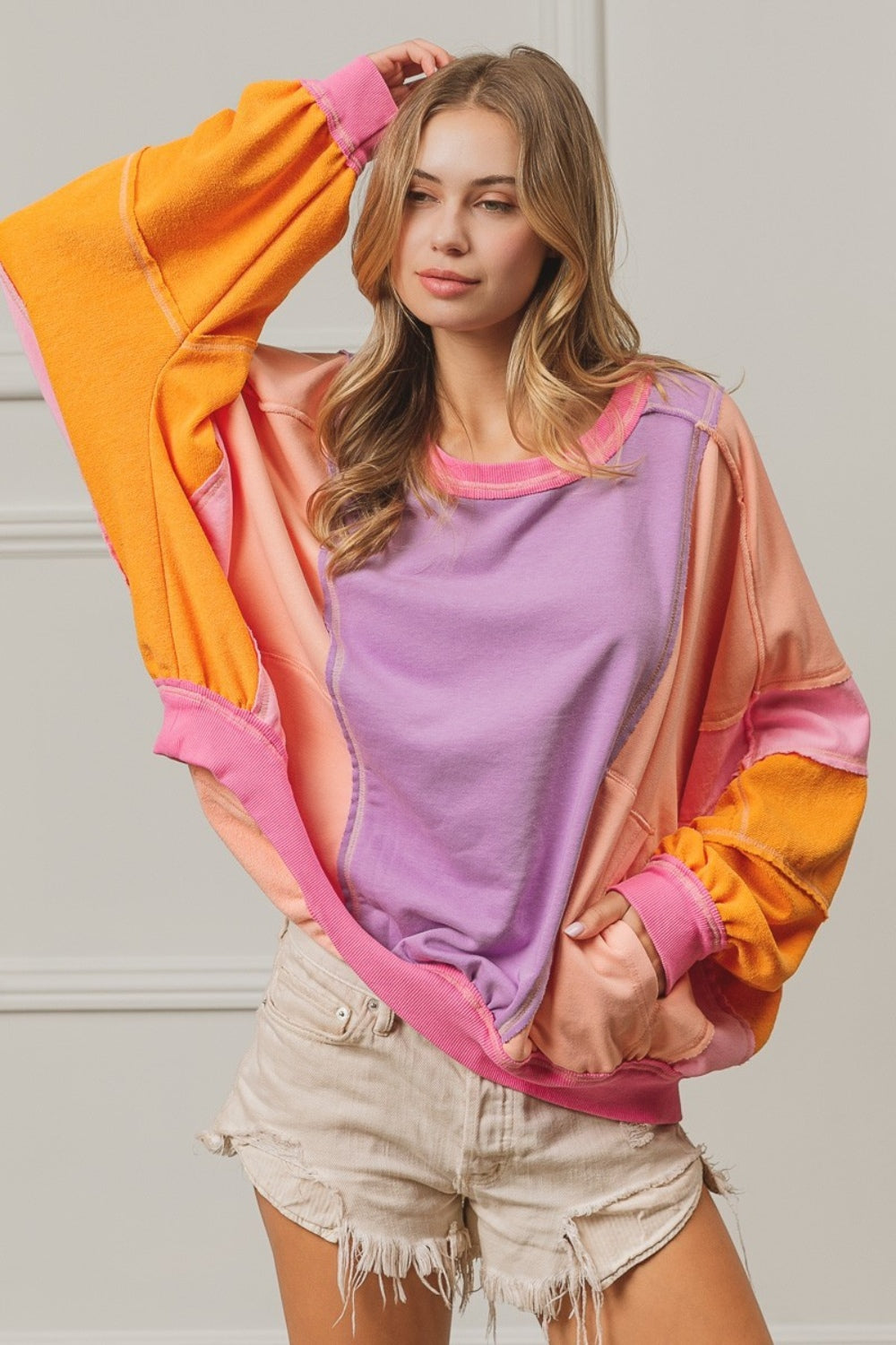 BiBi Color Block Exposed Seam Sweatshirt with Pockets - Sydney So Sweet