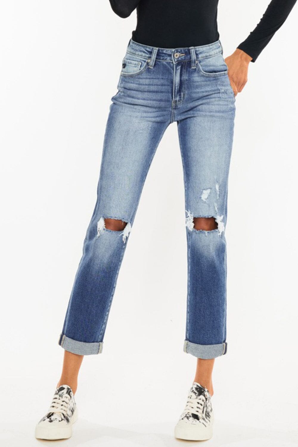 Kancan High Waist Distressed Hem Detail Cropped Straight Jeans - Sydney So Sweet