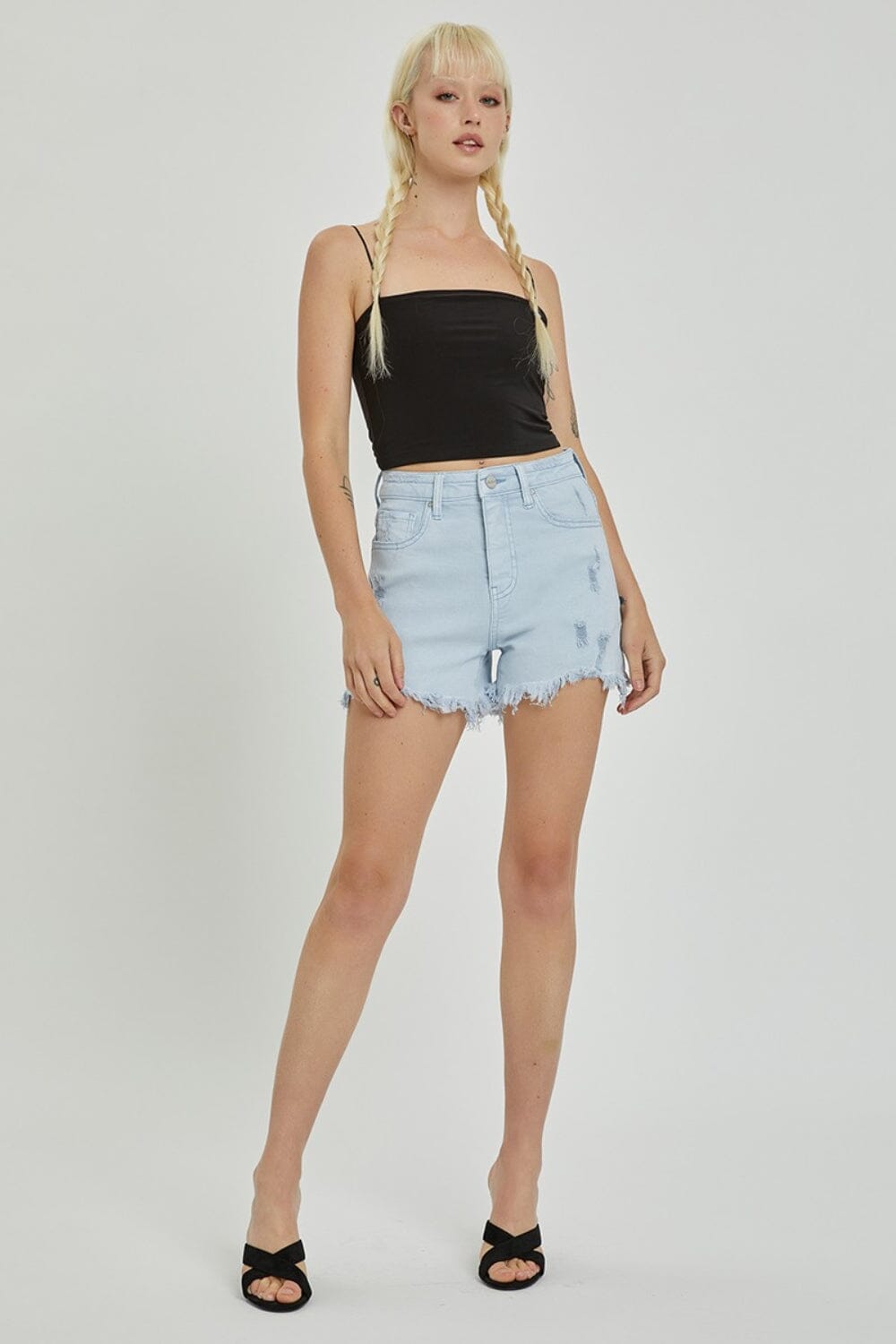 RISEN Full Size High Rise Distressed Detail Denim Shorts - Sydney So Sweet