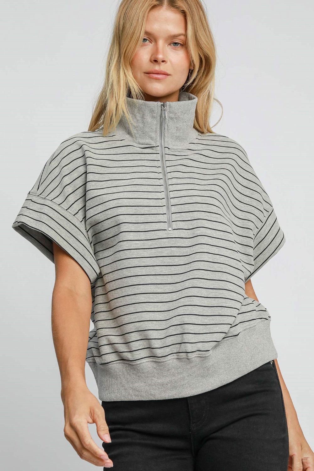 Umgee Striped Half Zip Short Sleeve Sweatshirt - Sydney So Sweet