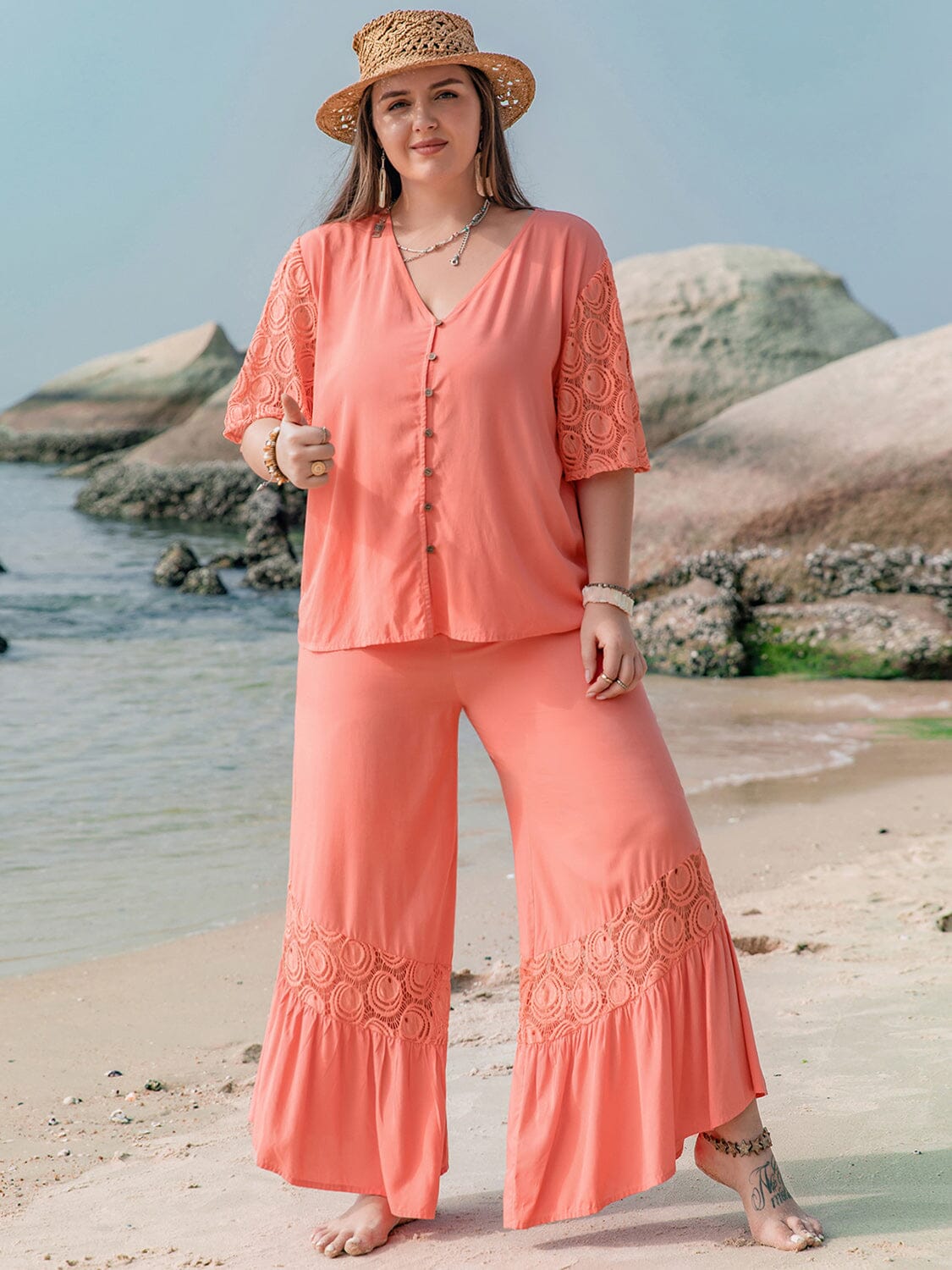 Plus Size Button Up Half Sleeve Top and Pants Set - Sydney So Sweet