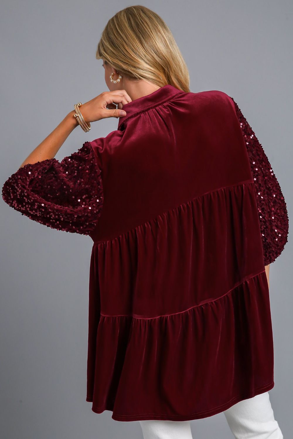 Umgee Sequin Detail Tiered Back Half Sleeve Shirt - Sydney So Sweet