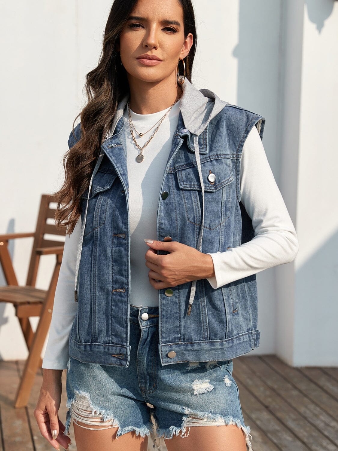 Pocketed Button Up Hooded Denim Jacket - Sydney So Sweet