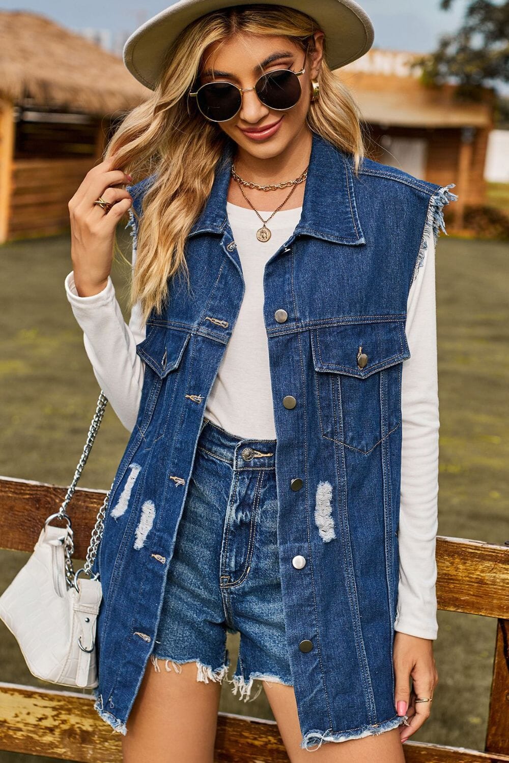 Sleeveless Button-Up Collared Denim Top with Pockets - Sydney So Sweet