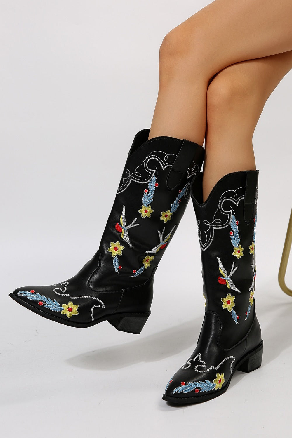 Embroidered Point Toe Block Heel Boots - Sydney So Sweet