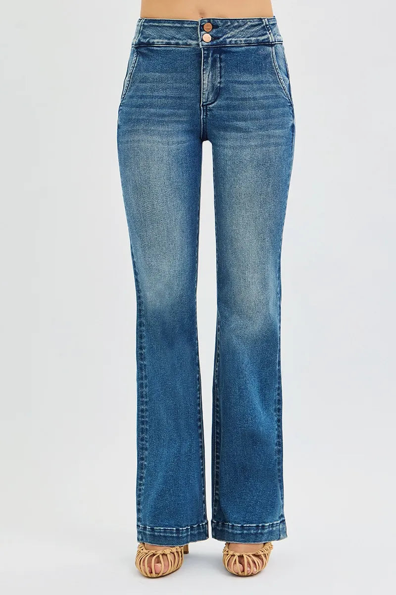 RISEN Full Size Tummy Control High Rise Bootcut Jeans with Double Button Waistband Plus Size - Sydney So Sweet