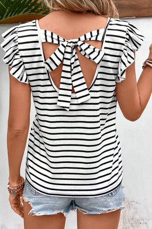 Tied Striped V-Neck Cap Sleeve T-Shirt - Sydney So Sweet