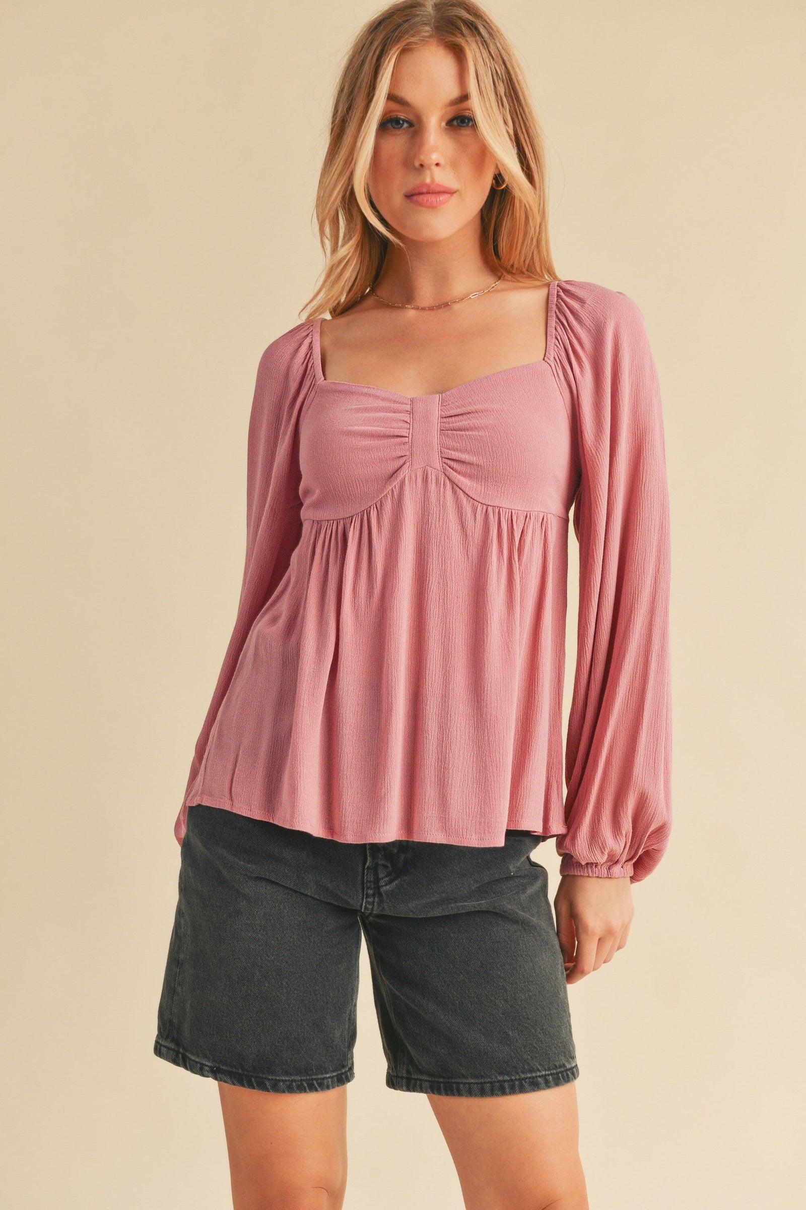 Aemi + Co Ruched Sweetheart Neck Balloon Sleeve Blouse - Sydney So Sweet