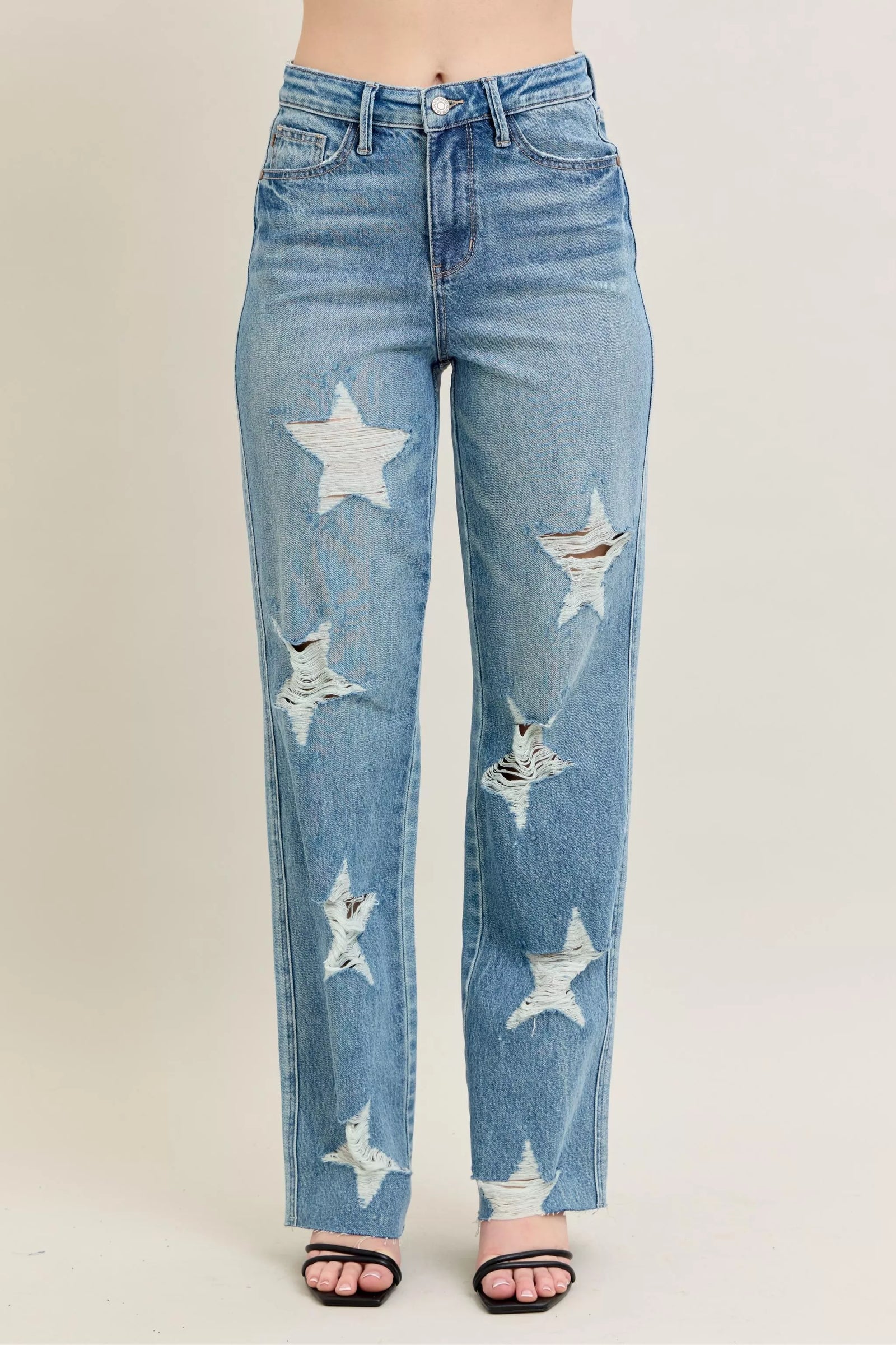 Judy Blue Full Size High Waist Rigid Magic Star Shaped Destroy 90's Straight Jeans Plus Size - Sydney So Sweet