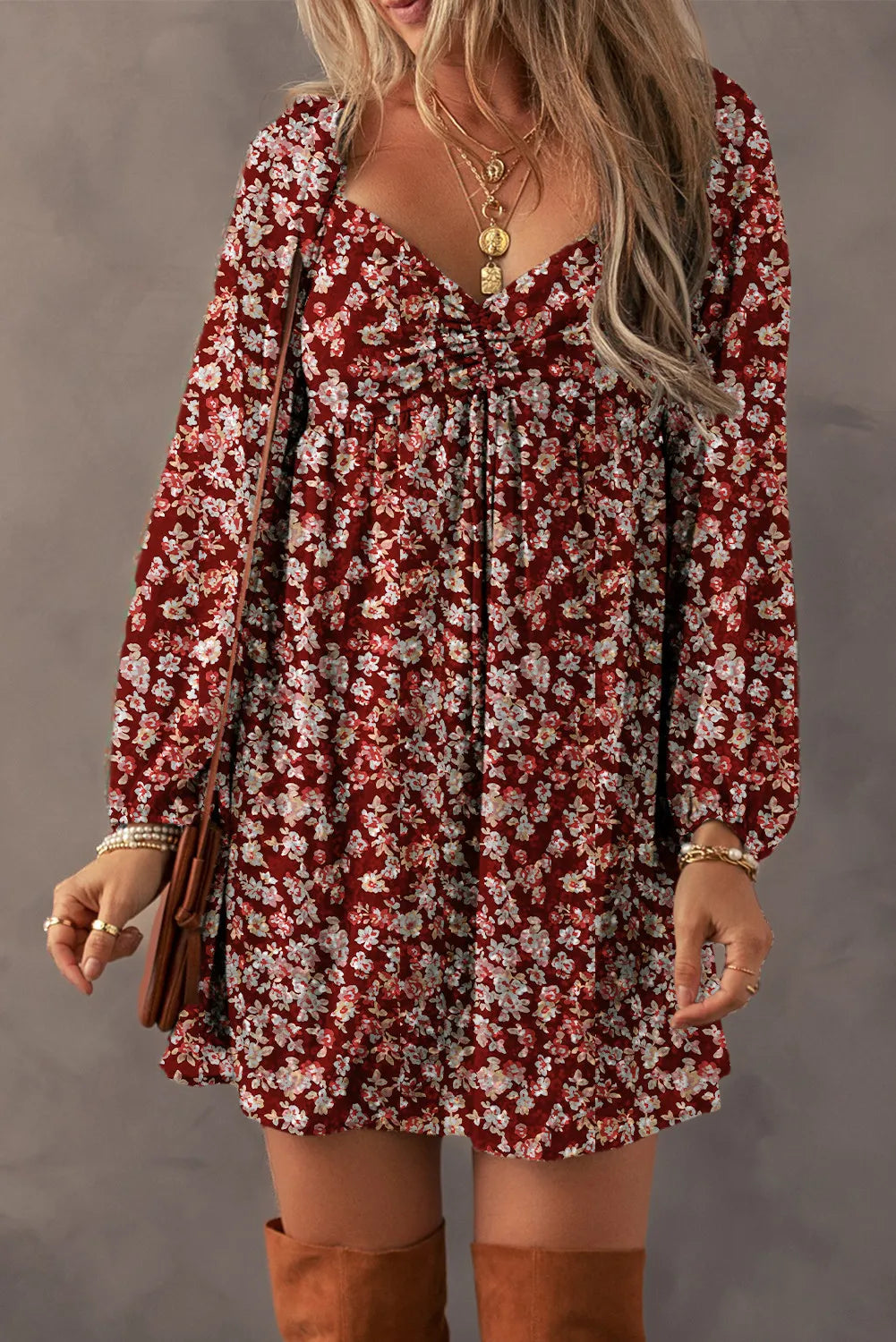 Ruched Printed Long Sleeve Mini Dress - Sydney So Sweet