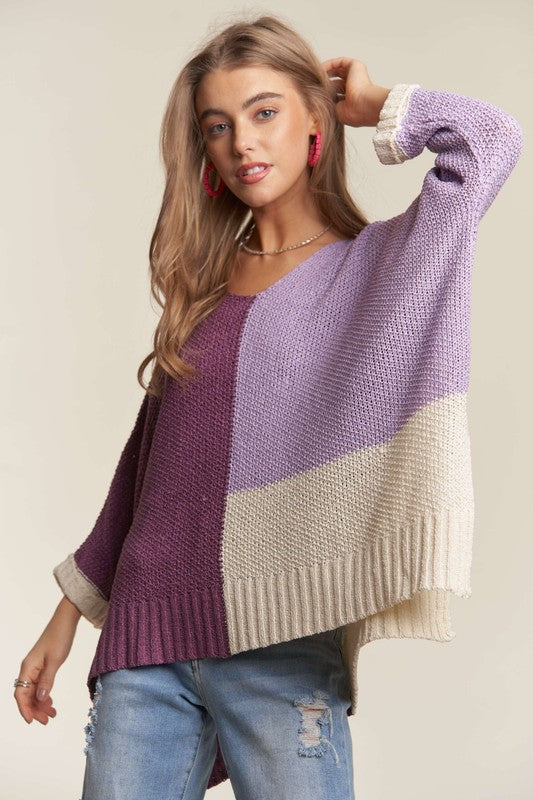 ADORA Side Slit Color Block Long Sleeve Sweater - Sydney So Sweet