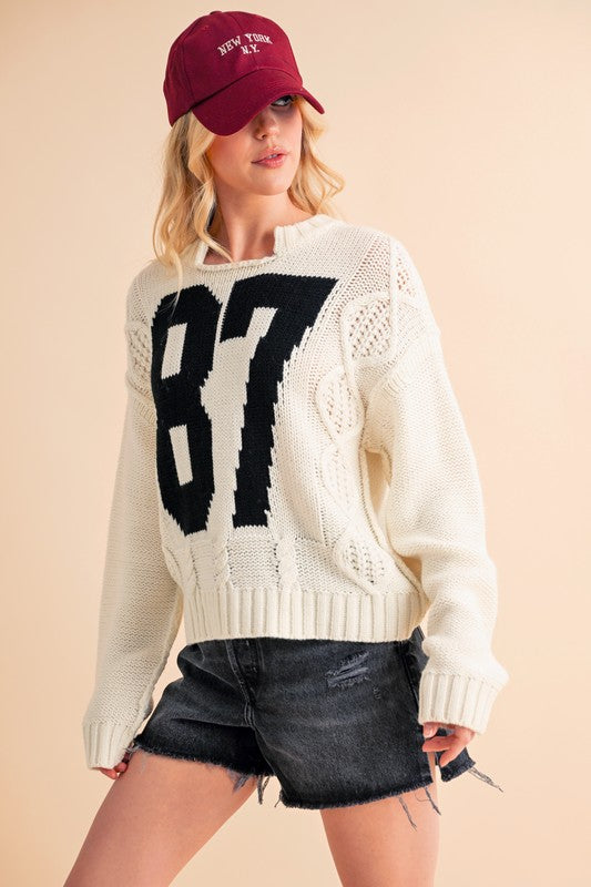 Aemi+Co Contrast 87 Number Cable Knit Drop Shoulder Sweater - Sydney So Sweet