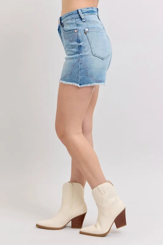 Judy Blue High Waist Western Embroidery Detail Cut Off Denim Shorts - Sydney So Sweet