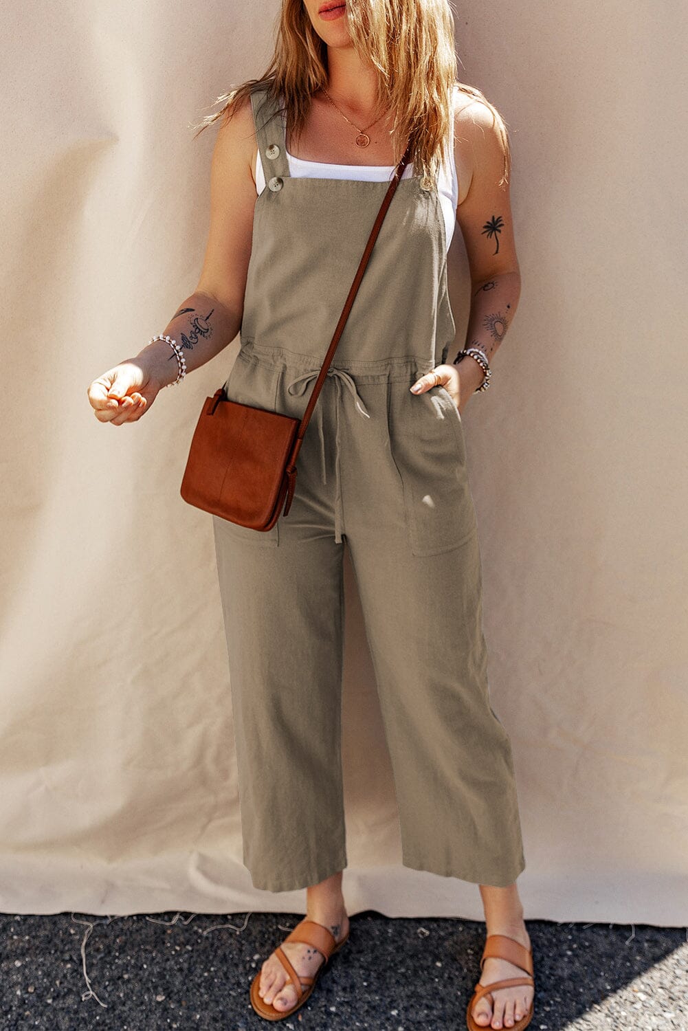 Drawstring Wide Strap Overalls with Pockets - Sydney So Sweet