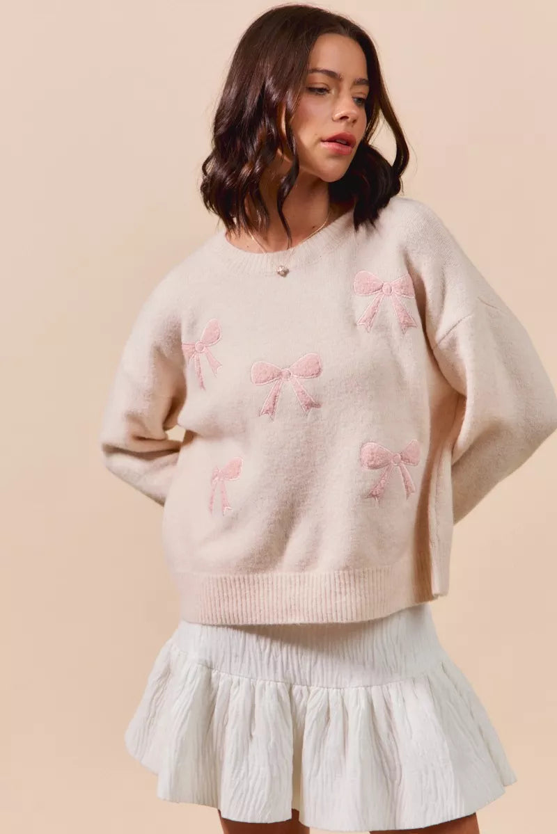 SO ME Embroidered Ribbon Round Neck Sweater - Sydney So Sweet