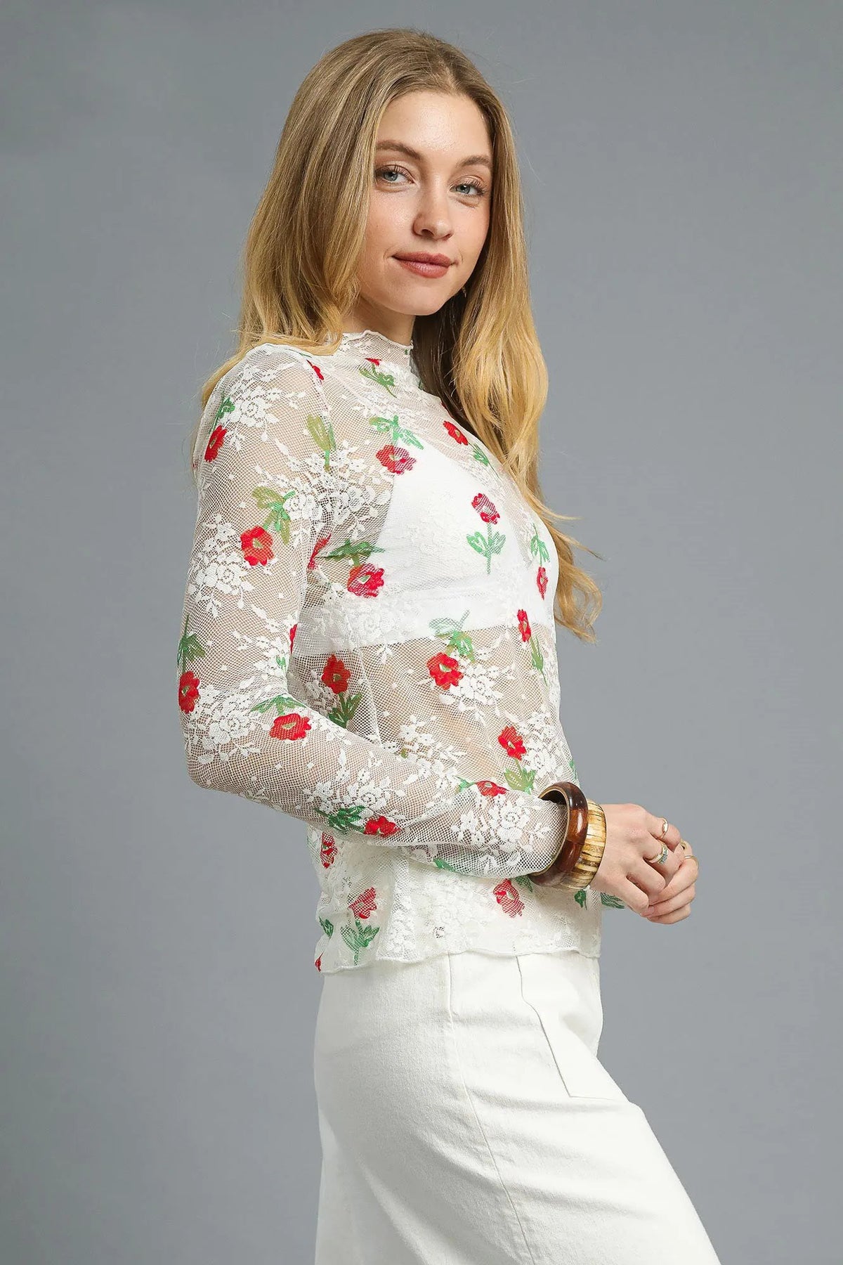 Umgee Floral Mock Neck Long Sleeve Sheer Top - Sydney So Sweet