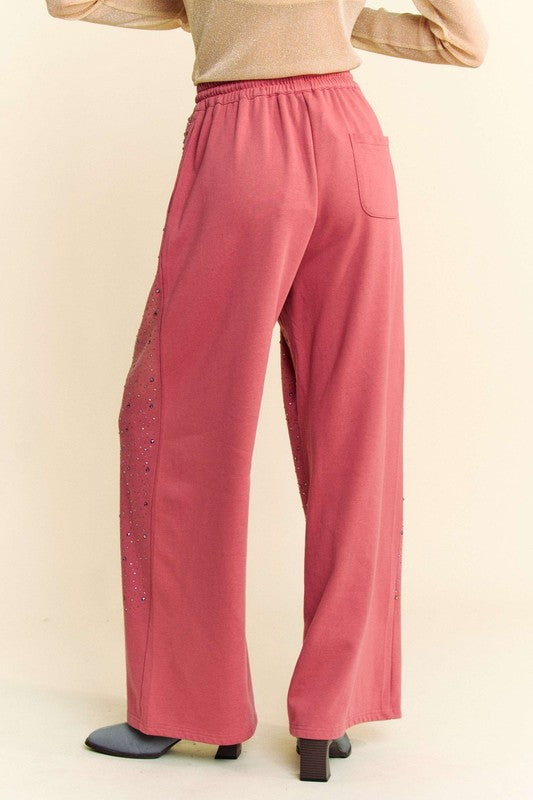 Davi & Dani Rhinestone Drawstring Wide Leg Pants - Sydney So Sweet