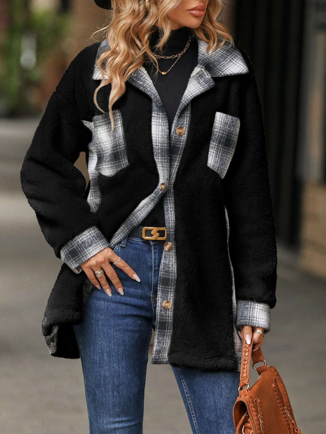 Plaid Button Up Long Sleeve Fuzzy Shacket - Sydney So Sweet