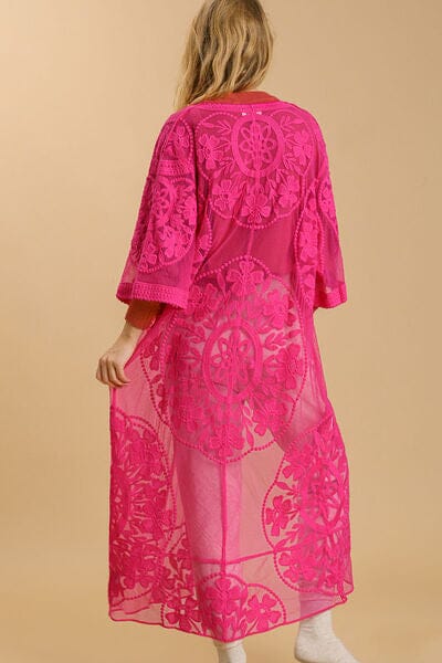 Umgee Full Size Floral Lace Open Front Long Kimono with Waist Tie Plus Size - Sydney So Sweet