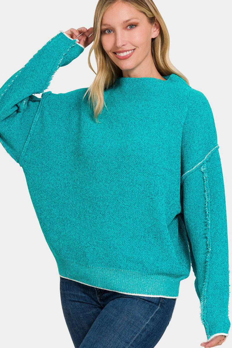 Zenana Exposed Seam Mock Neck Long Sleeve Sweater - Sydney So Sweet