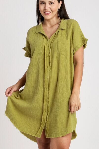 Umgee Full Size Raw Hem Button Down Short Sleeve Gauze Shirt Dress Plus Size - Sydney So Sweet