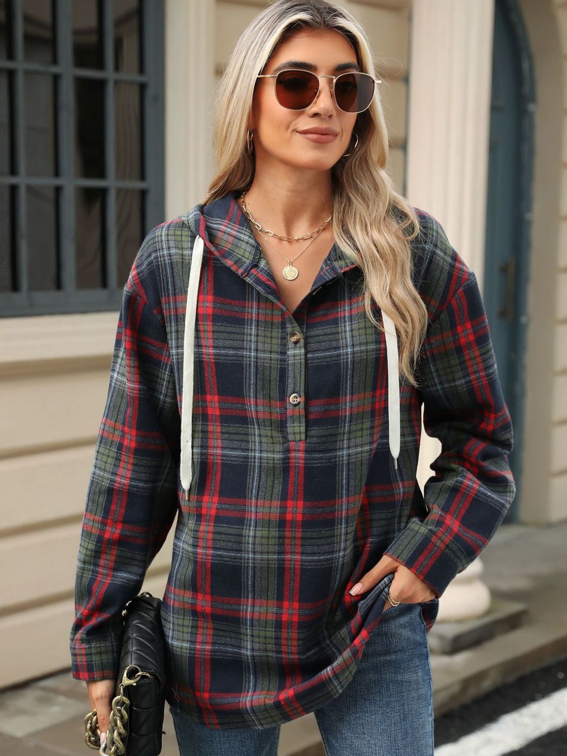 Drawstring Plaid Hooded Long Sleeve Top - Sydney So Sweet