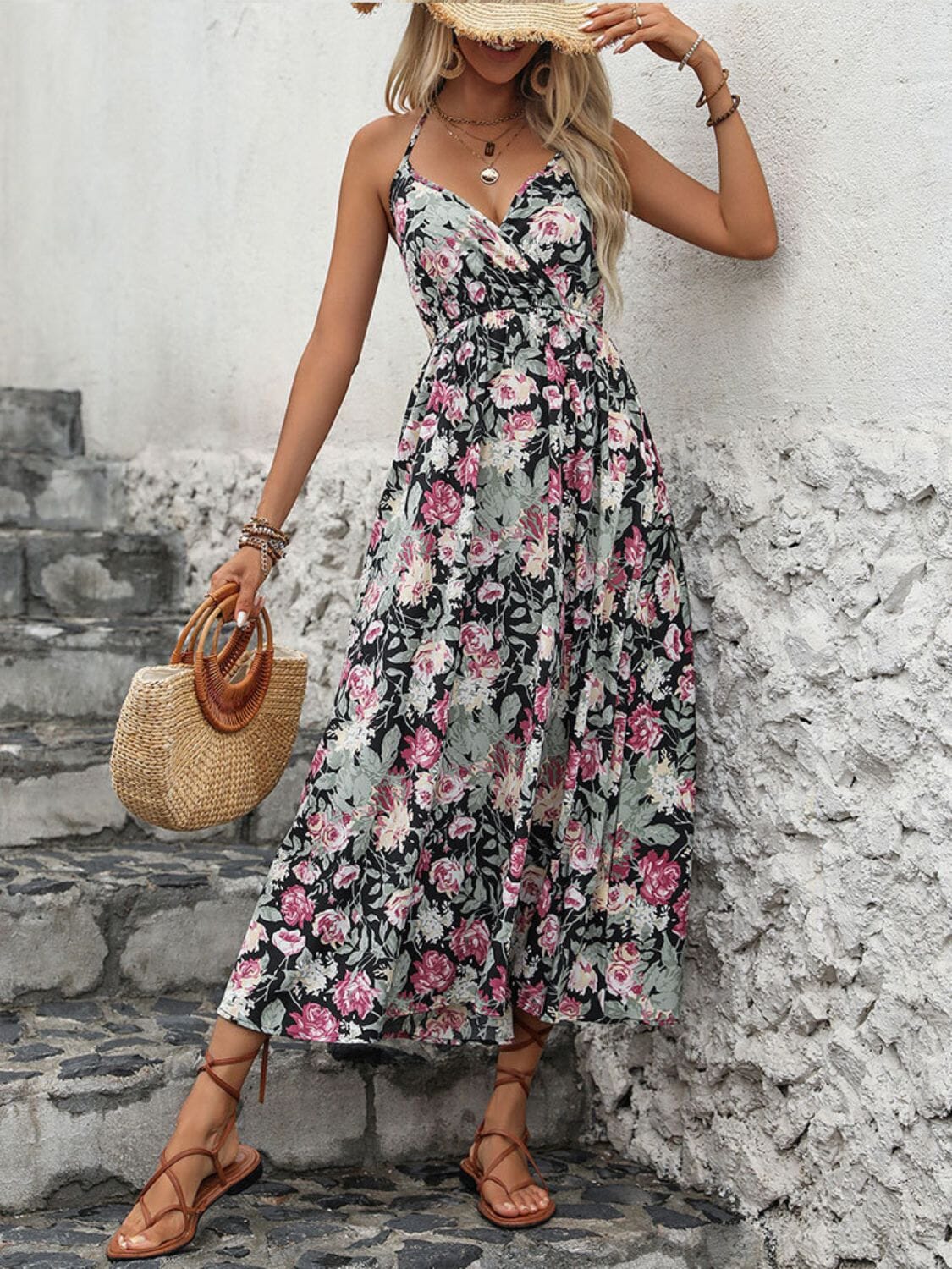 Smocked Printed Halter Neck Midi Dress - Sydney So Sweet