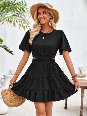 Crisscross Round Neck Flutter Sleeve Mini Dress - Sydney So Sweet