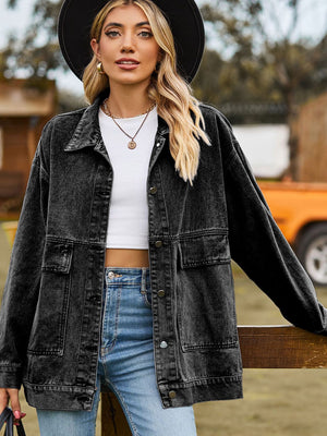 Dropped Shoulder Denim Jacket with Pockets - Sydney So Sweet