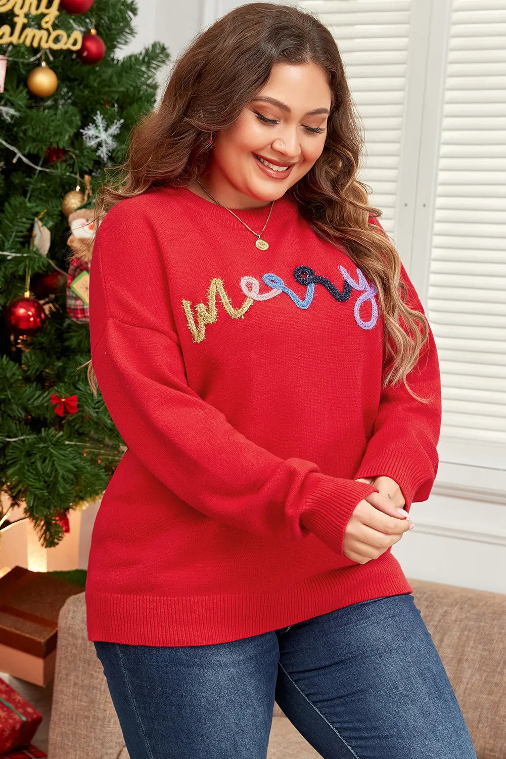 Plus Size MERRY Round Neck Long Sleeve Sweater - Sydney So Sweet