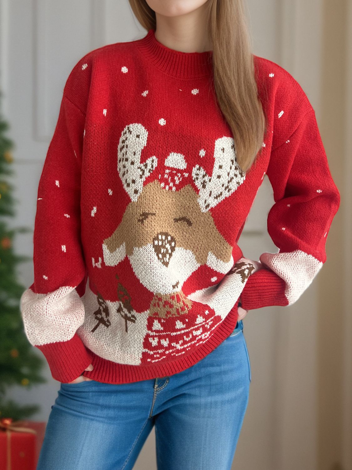 Reindeer Mock Neck Long Sleeve Sweater - Sydney So Sweet