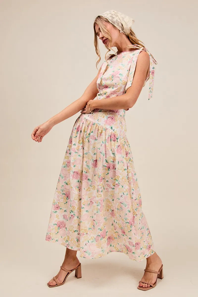 SO ME Floral Printed Woven Shoulder Bow Tie Top and Skirt Set - Sydney So Sweet