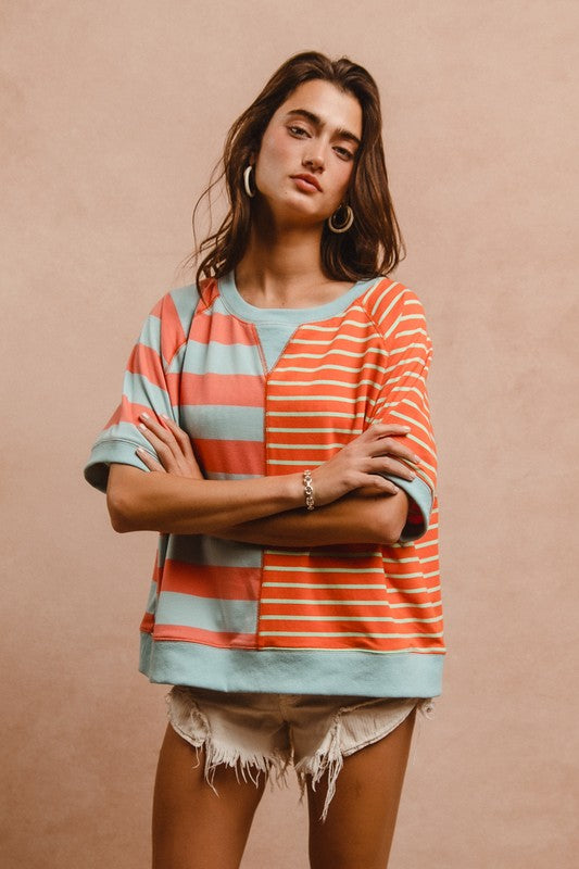 BiBi Striped Round Neck Half Sleeve French Terry Top - Sydney So Sweet