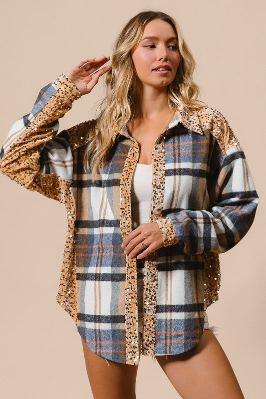 BiBi Curved Hem Sequin Plaid Button Up Shacket - Sydney So Sweet