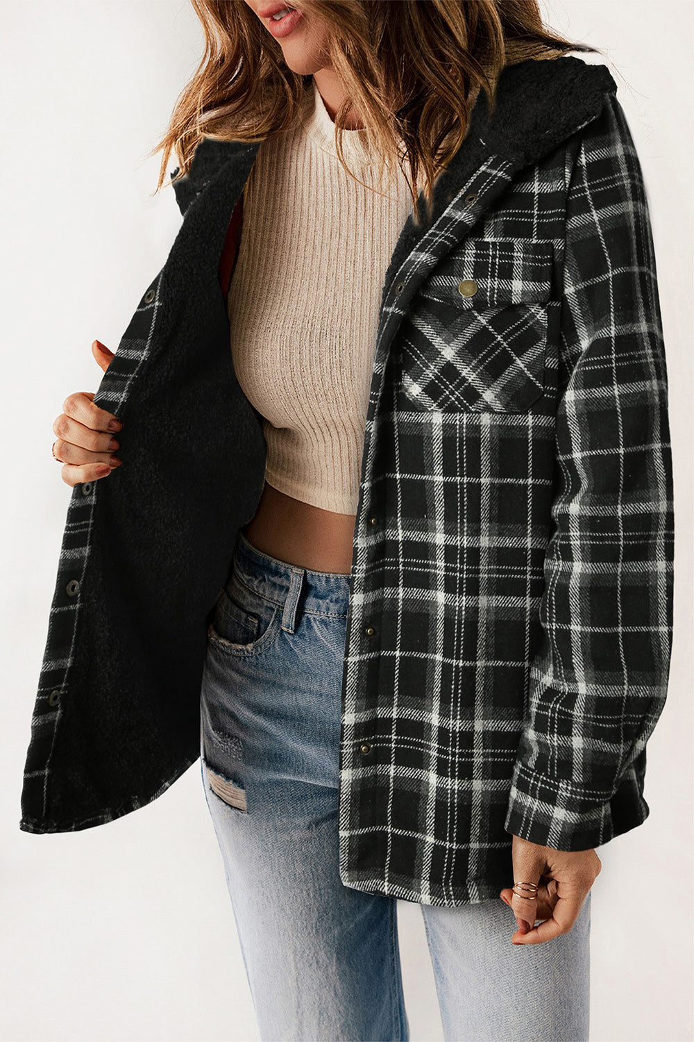 Plaid Snap Down Hooded Jacket - Sydney So Sweet