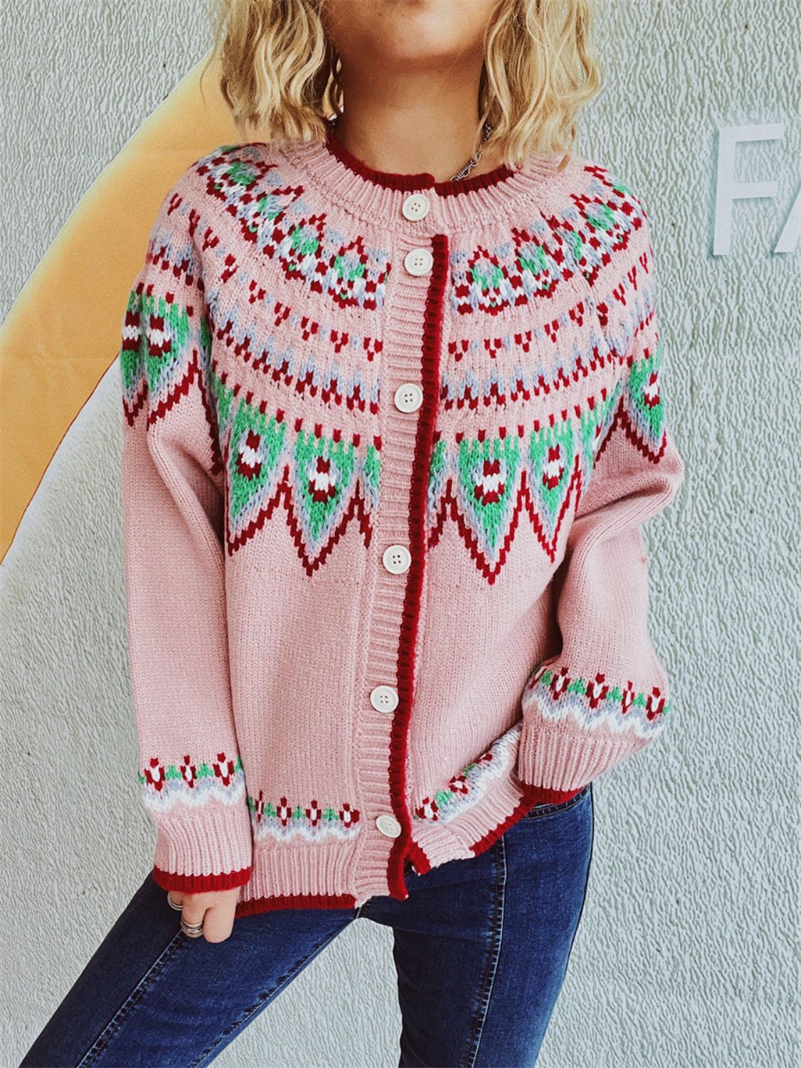 Contrast Geometric Round Neck Long Sleeve Cardigan Sweater - Sydney So Sweet