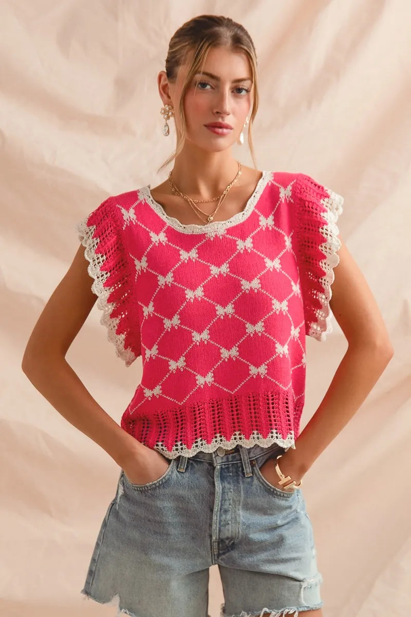 SO ME Bow Ribbon Pattern Sweater Top with Back Key Hole - Sydney So Sweet